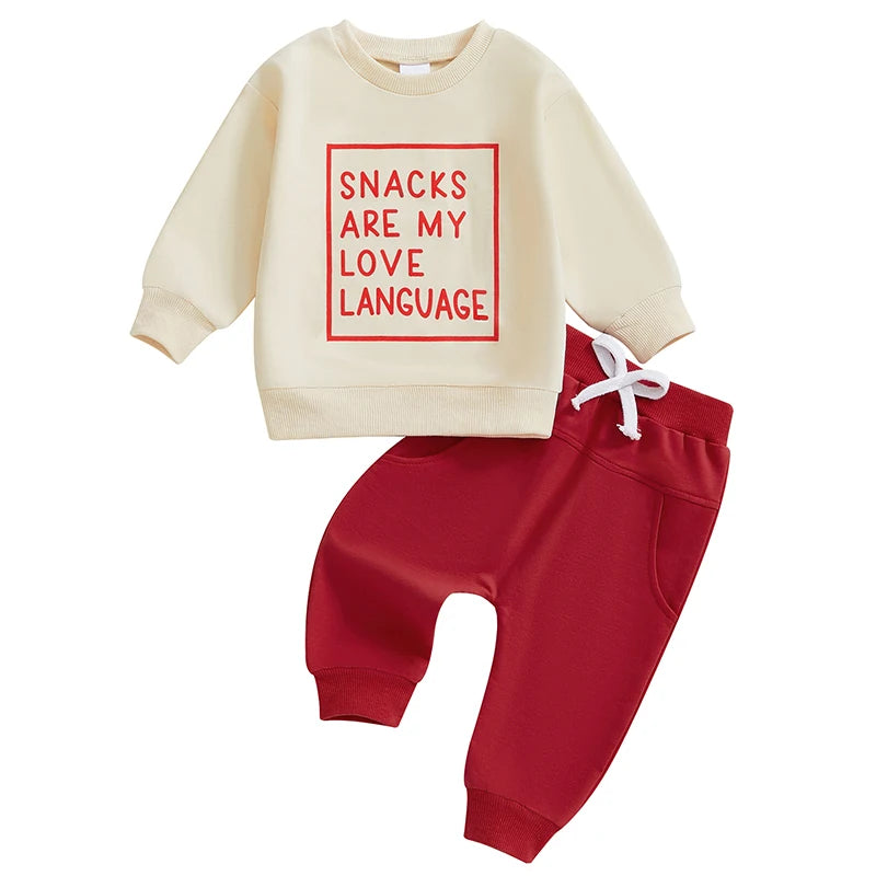 Baby Toddler Boys 2Pcs Snacks Are My Love Language Fall Outfit Letter Print Long Sleeve Top and Long Pants Jogger Set