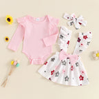 Baby Girls 3Pcs Fall Outfit Long Sleeve Ribbed Romper + Bow Suspender Flower Print Skirt + Headband Set