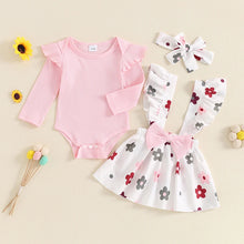 Load image into Gallery viewer, Baby Girls 3Pcs Fall Outfit Long Sleeve Ribbed Romper + Bow Suspender Flower Print Skirt + Headband Set
