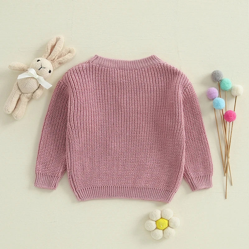 Baby Toddler Girls Knit Easter Sweater Long Sleeve O Neck Bunny Rabbit Carrot Embroidery Pullover Knitwear Top