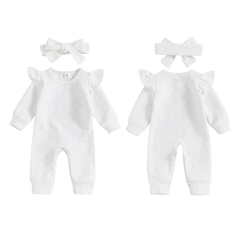 Baby Girls 2Pcs Heart Pattern Set Ruffled Trim Long Sleeve Round Neck Full Leg Romper Headband Outfit Set