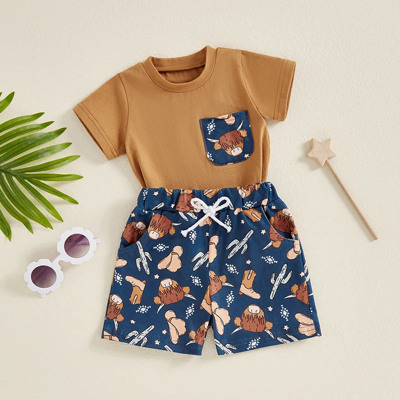 Baby Toddler Boys 2Pcs Summer Outfit Pocket Round Neck Short Sleeve Top Cow Head Cowboy Boots Cactus Print Elastic Waist Shorts Set