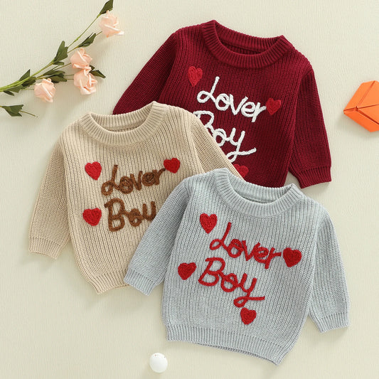 Baby Toddler Boys Valentines Sweater Fashionable Letters Lover Boy Heart Embroidery Crew Neck Long Sleeve Knit Top