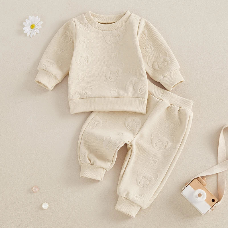 Baby Toddler Boys Girls 2Pcs Jogger Set Bear Pattern Long Sleeve Crewneck Top Long Pants Fall Outfit