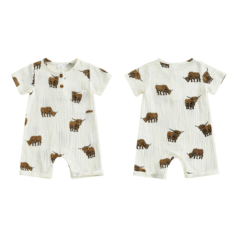 Baby Boys Girls Summer Cattle Cow Print Jumpsuit Short Sleeve Round Neck Button Up Casual Romper