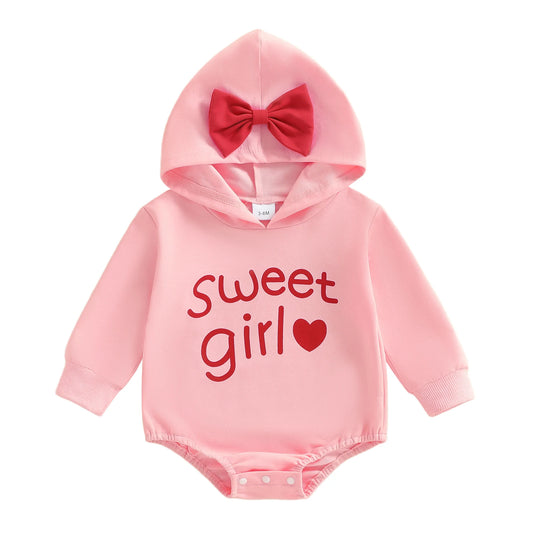 Baby Girl Bow Hooded Romper Letter Sweet Girl Heart Print Long Sleeve Jumpsuit Casual Bodysuit
