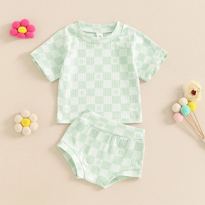 Baby Toddler Girls 2Pcs Summer Set Short Sleeve Checkerboard Flower Print Top Shorts Bloomers Outfit