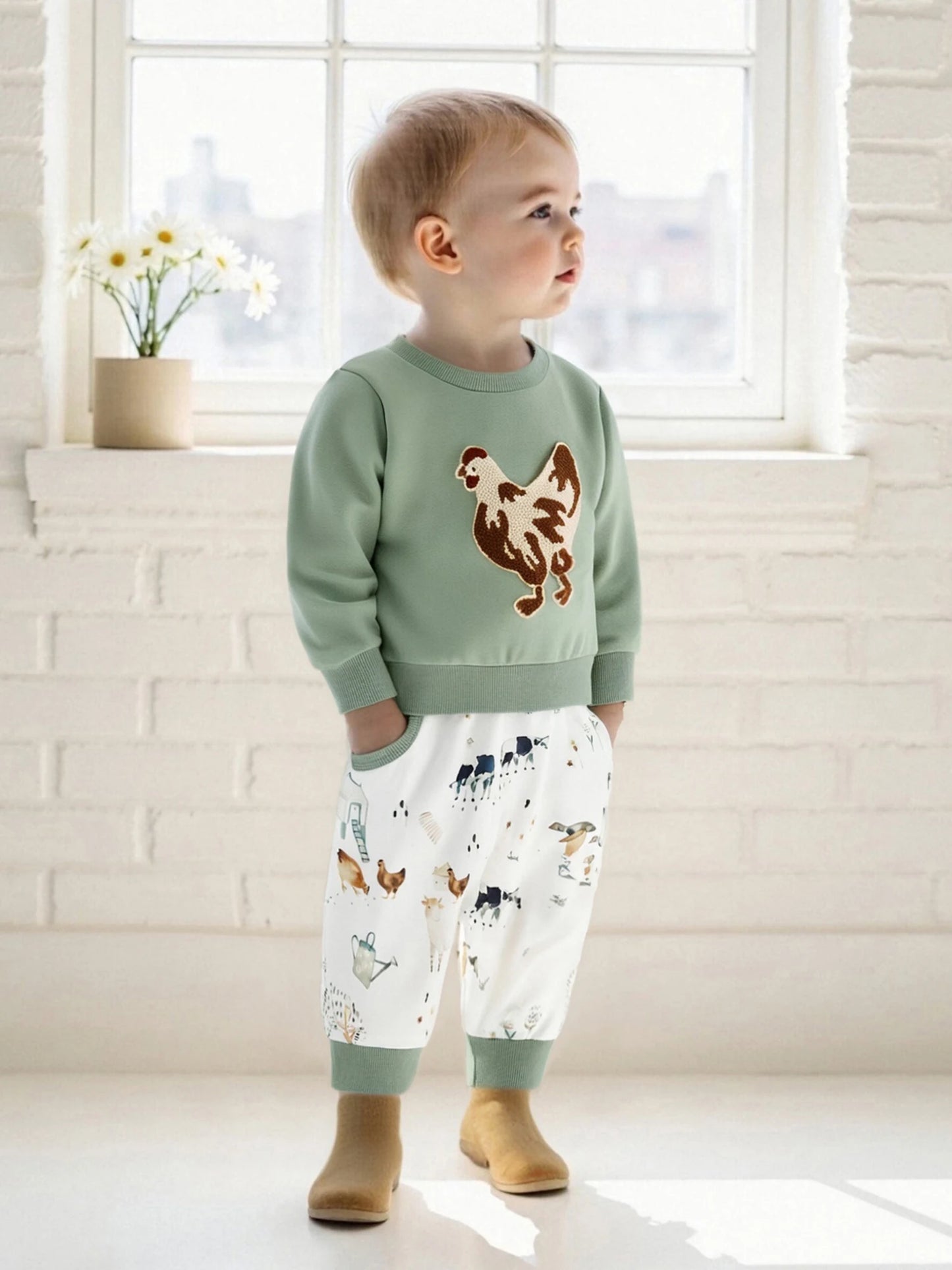 Baby Toddler Boys 2Pcs Fall Set Fashionable Long Sleeve Chicken/Duck Embroidery Pullover Top with Print Jogger Pants 2 Pcs Outfits