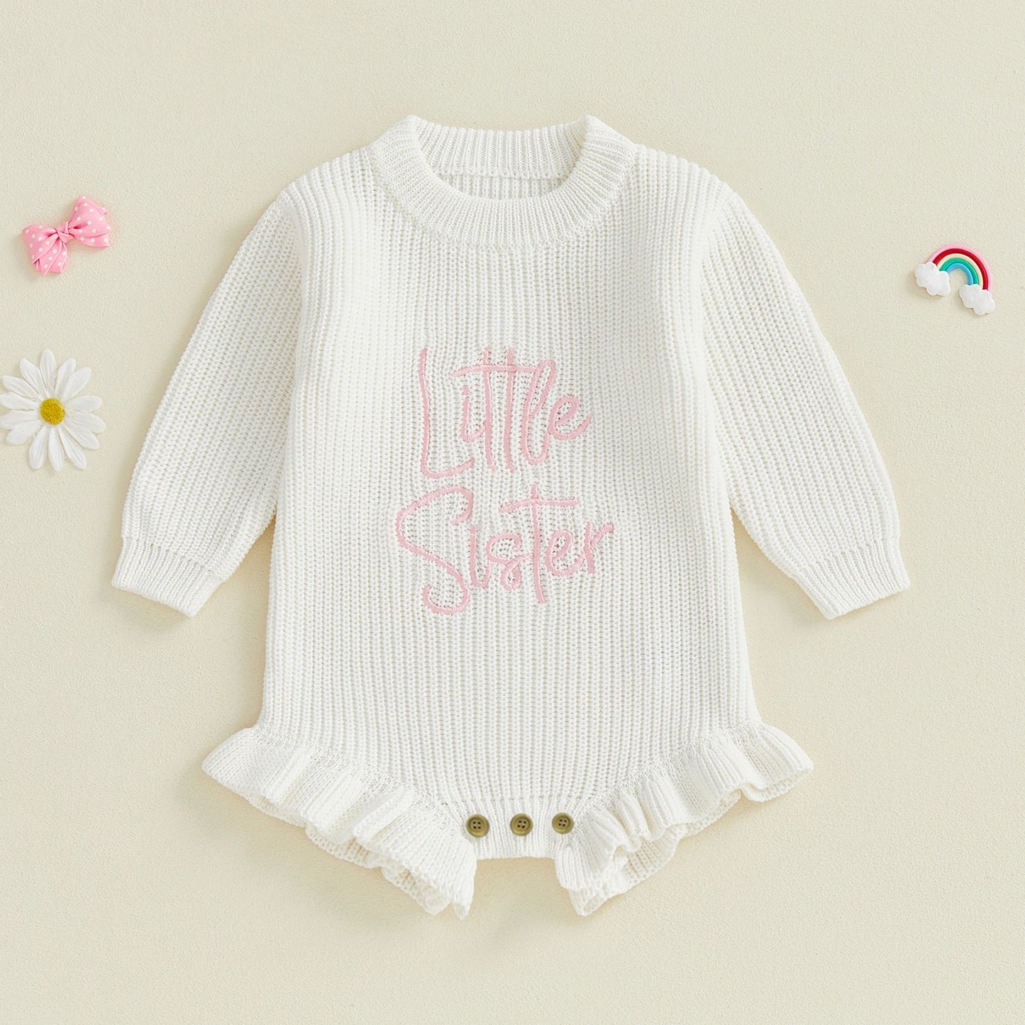 Baby Girl Sweater Romper Little Sister Long Sleeve Round Neck Letter Embroidery Knit Bodysuit