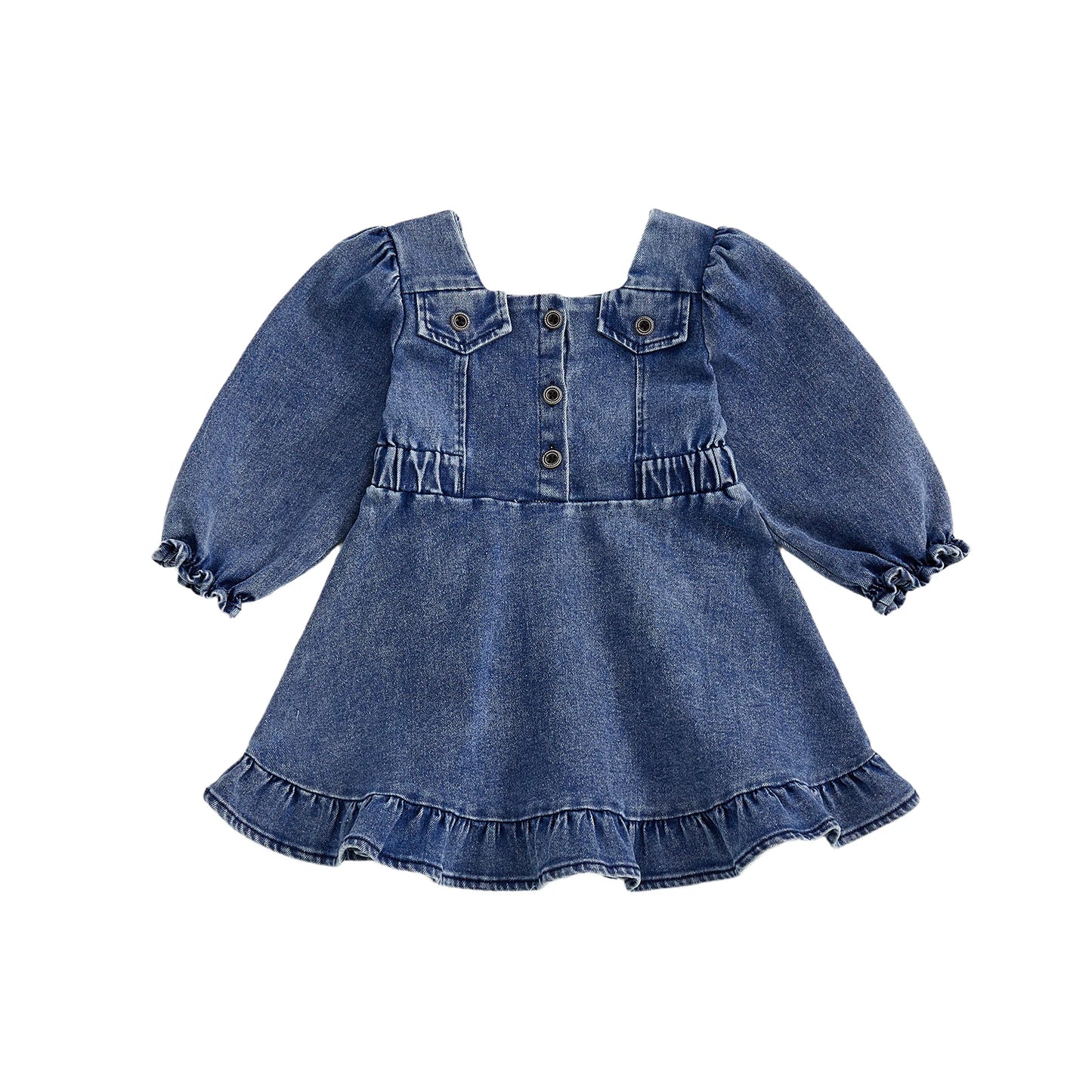 Baby Toddler Girl Denim Dress Long Puff Sleeve Button Down A-Line Dress Ruffle Dress