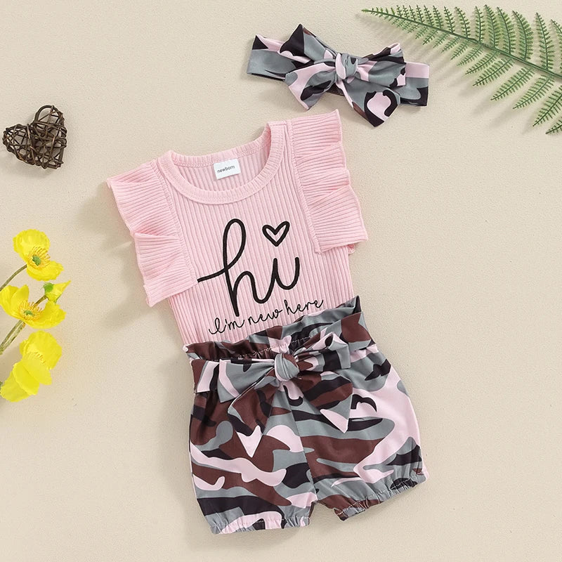 Baby Girls 3Pcs Hi I'm New Here Fly Sleeve Romper with Camouflage Rainbow Sunflower Waist Tie Shorts and Headband Summer Outfit