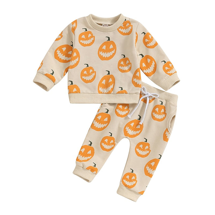 Baby Toddler Boy Girl 2Pcs Fall Halloween Set Pumpkin Print Long Sleeve Crew Neck Top Pants