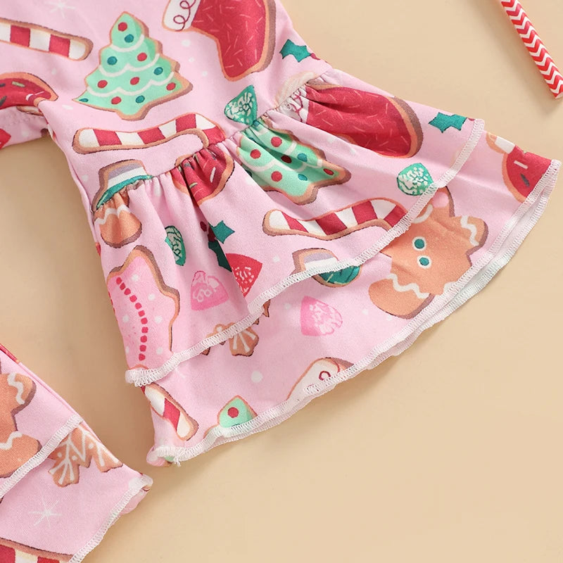 Baby Girls 2Pcs Romper Christmas Print Long Sleeve Jumpsuits Flare Sleeve and Pant and Cute Headband Set Infant Outfits