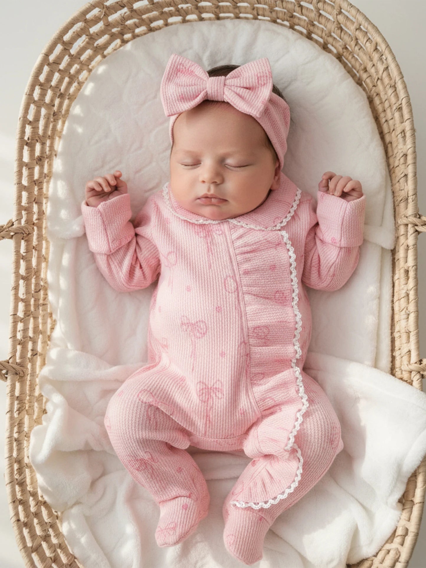Baby Girl 2Pcs Romper Waffled Bow Print Long Sleeve Zip Up Footed Jumpsuit with Headband Set
