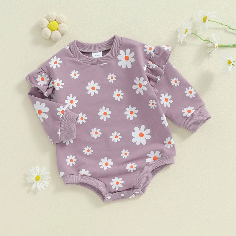 Baby Girl Bubble Romper Flower Daisy Print Round Neck Long Sleeve Jumpsuit