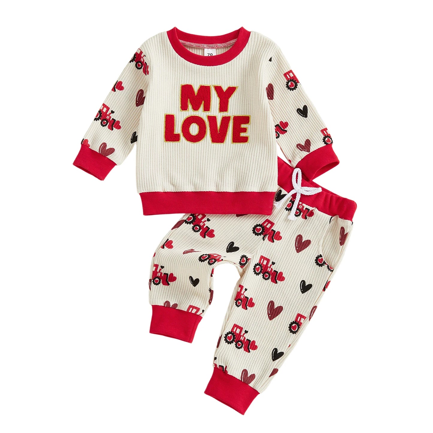 Baby Toddler Boy 2Pcs MY LOVE Valentine's Outfit Letter Embroidery Long Sleeve Crew Neck Pullover Top and Joggers Pants Set