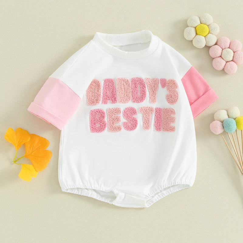 Baby Girl Daddy's Bestie Embroidery Letters Romper Short Sleeve Bodysuit Father Gift Clothes