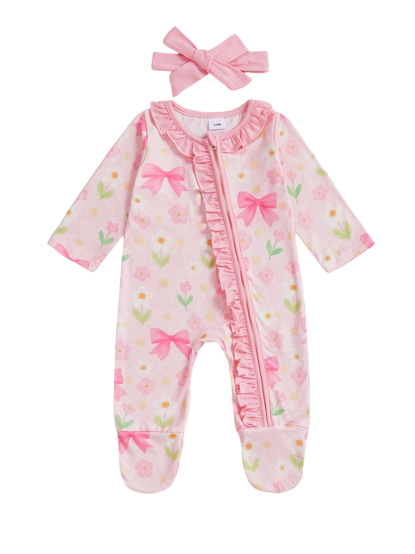 Baby Girl 2Pcs Footed Zipper Romper Floral Print Long Sleeve Zip Up Round Neck Ruffled Jumpsuit with Headband Set