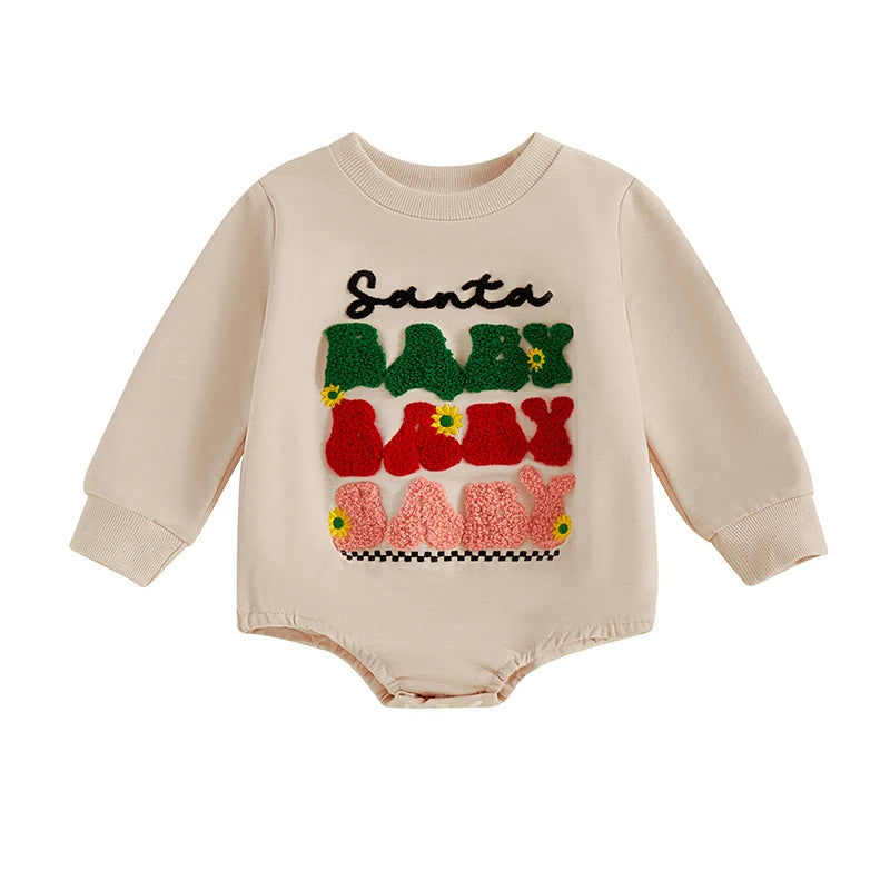 Baby Girls Boys Santa Baby Bubble Romper Christmas Letter Embroidered Long Sleeve Winter Jumpsuit