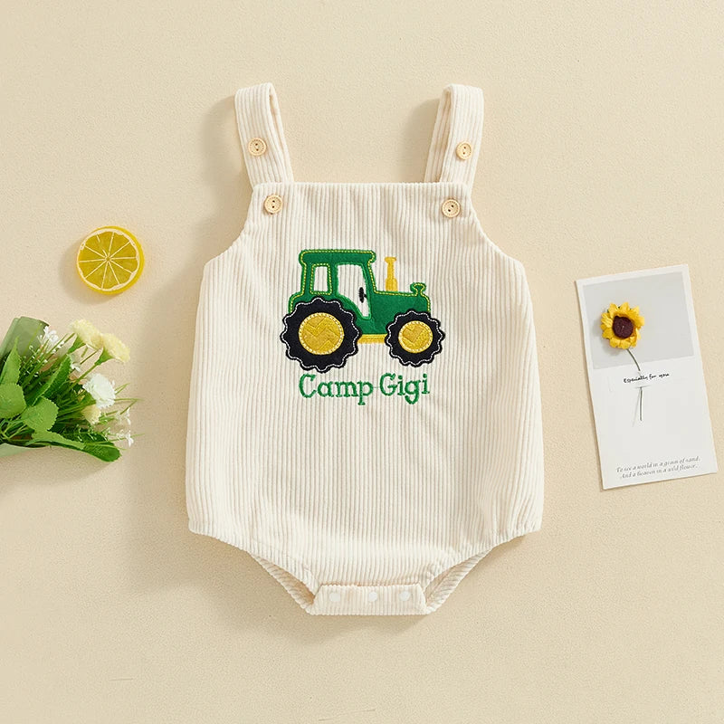 Baby Boys Girls Corduroy Romper Casual Square Neck Sleeveless Overall Chicken Dinosaur Baseball Tractor Embroidery Summer Jumpsuit