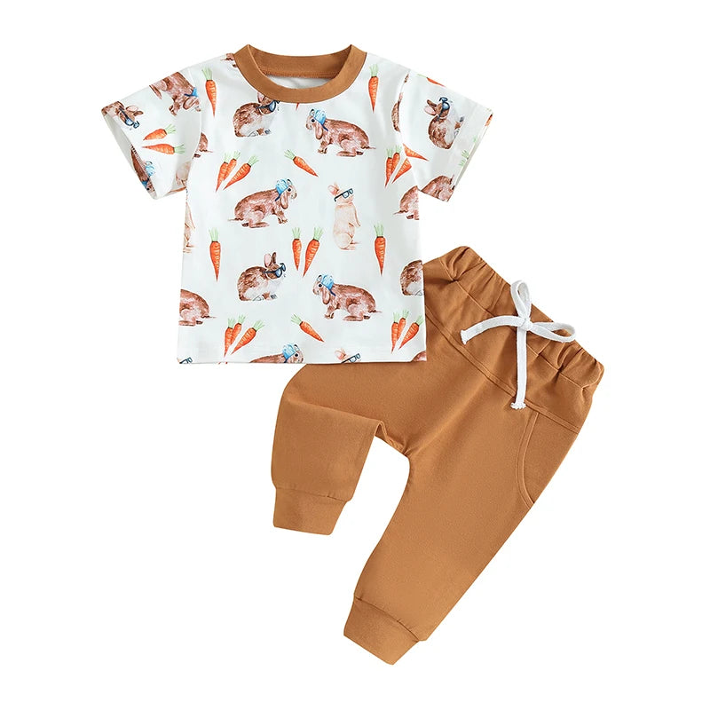 Baby Toddler Boy Girl 2Pcs Easter Outfit Carrot Rabbit Easter Bunny Print Short Sleeve T-Shirts Elastic Waist Long Pants Clothes Set