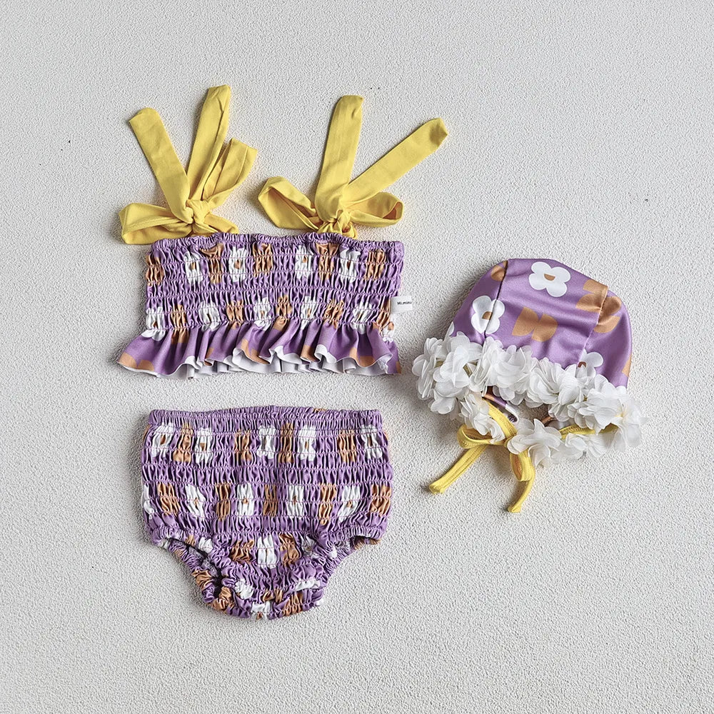 Baby Girls Floral Bandage Swimsuit With Hat Set