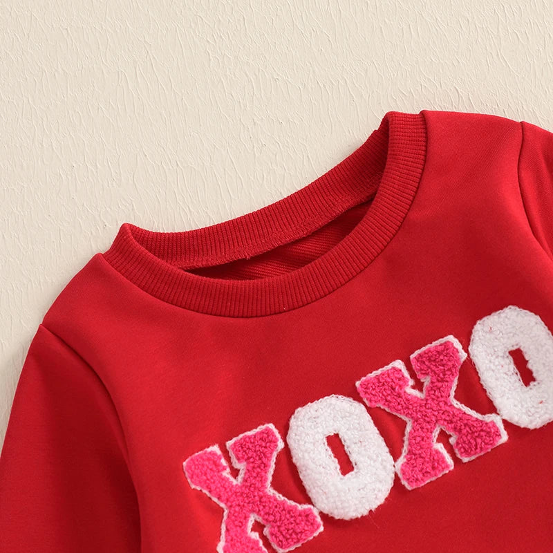 Baby Toddler Girls 2Pcs XOXO Valentine's Day Outfit Letter Embroidery Crew Neck Long Sleeve Top Flare Lolipop Print Pants Clothes Set Valentines