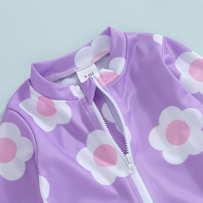 Baby Toddler Girls 2Pcs Swimsuit with Hat Flower Print Long Sleeve Ruffles Round Neck Front Zipper Bathing Suit Set