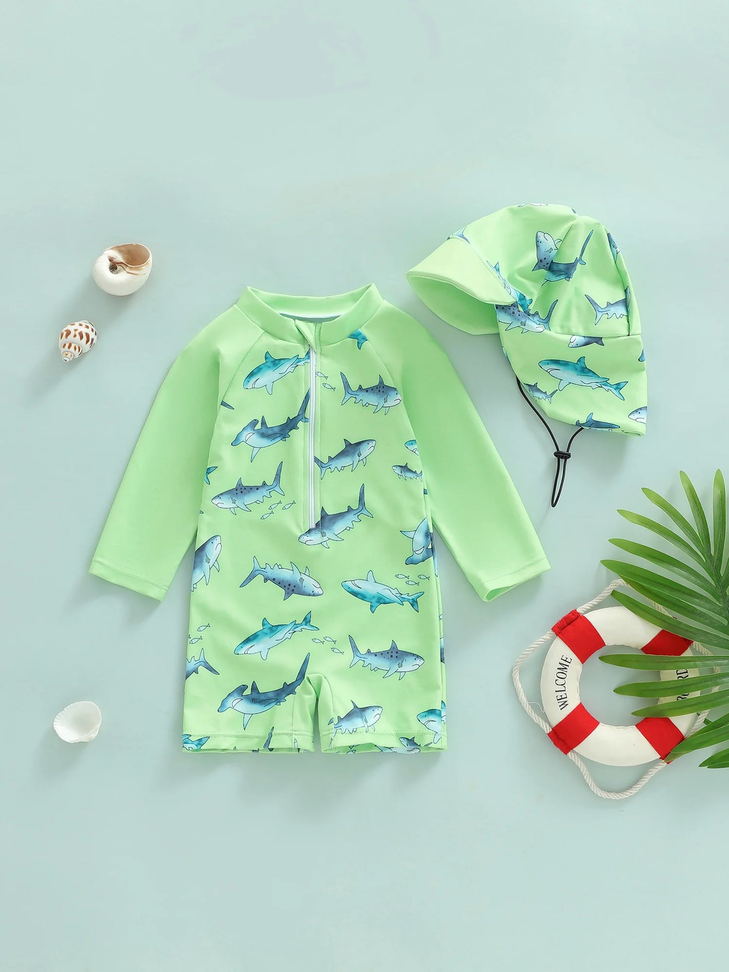 Baby Toddler Boys 2Pcs Casual Shark Print Zipper Long Sleeve Bathing Suit Romper with Swim Cap Set