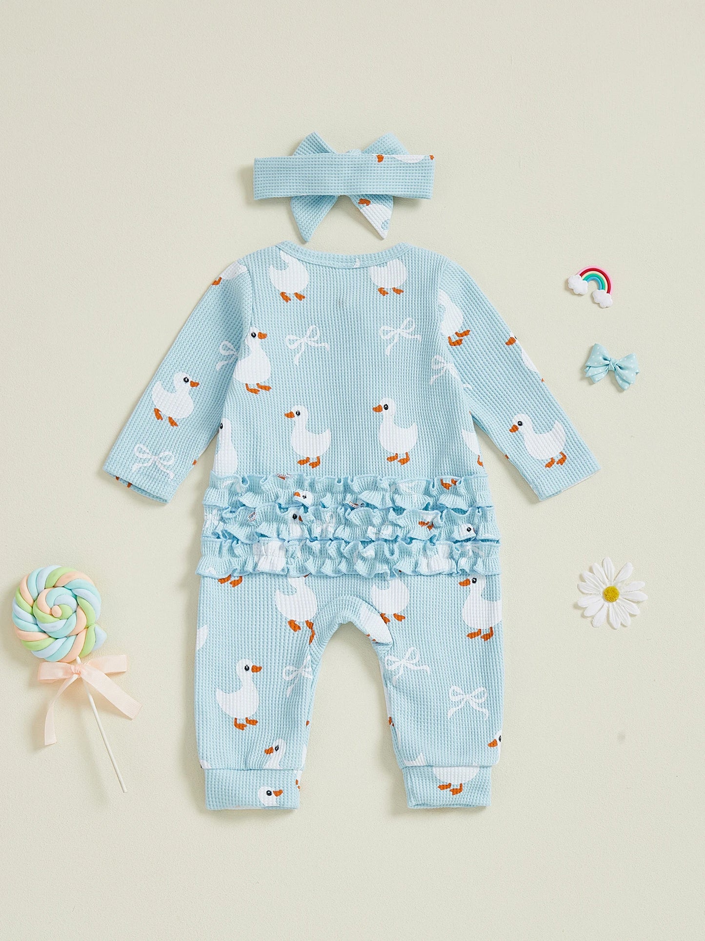 Baby Girls 2Pcs Fall Waffled Zipper Romper Bow Goose Animal Print Long Sleeve Round Neck Zip Up Jumpsuit with Headband Set