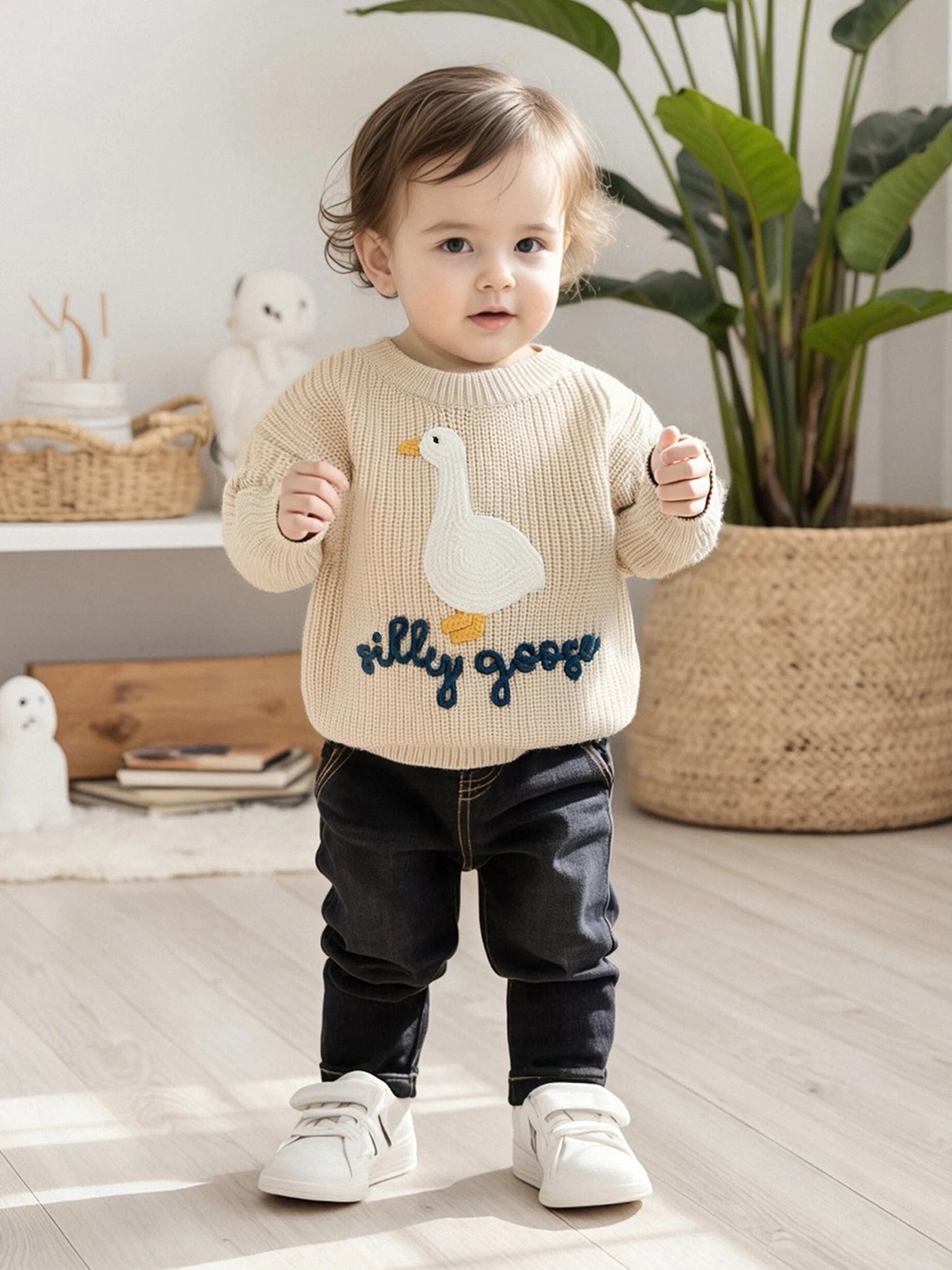 Baby Toddler Boys Girls Silly Goose Sweater Animal Letter Embroidered Crewneck Long Sleeve Pullover Knit Top