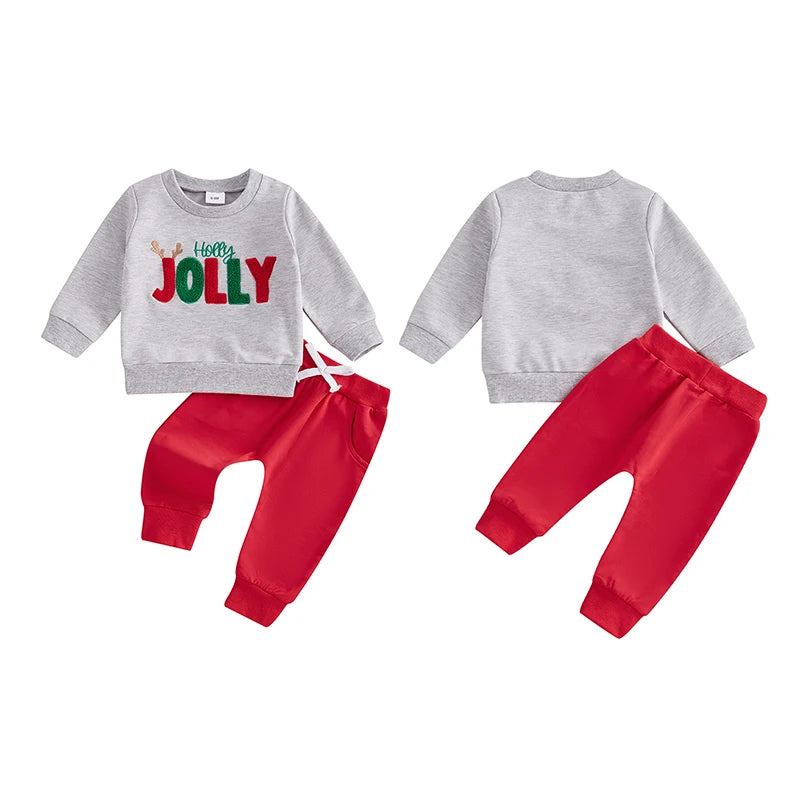 Baby Toddler Girls Boys 2Pcs Holly Jolly Christmas Outfit Letter Embroidery Long Sleeve Top with Solid Long Pants Jogger Set