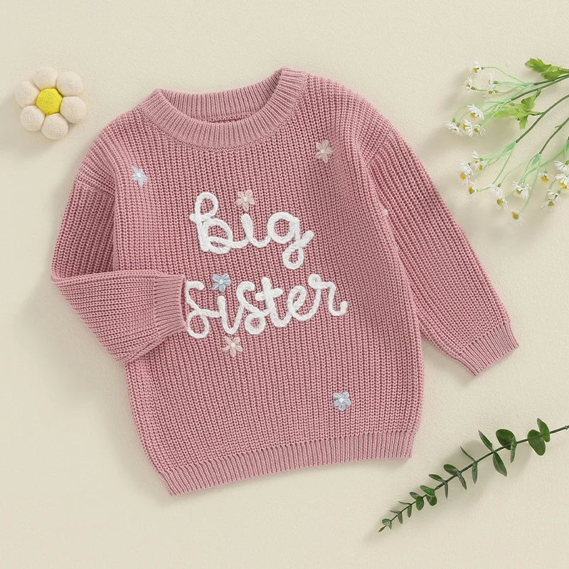 Toddler Kids Girl Big Sister Sweater Cute Long Sleeve Letter Embroidery Knit Pullover Loose Top