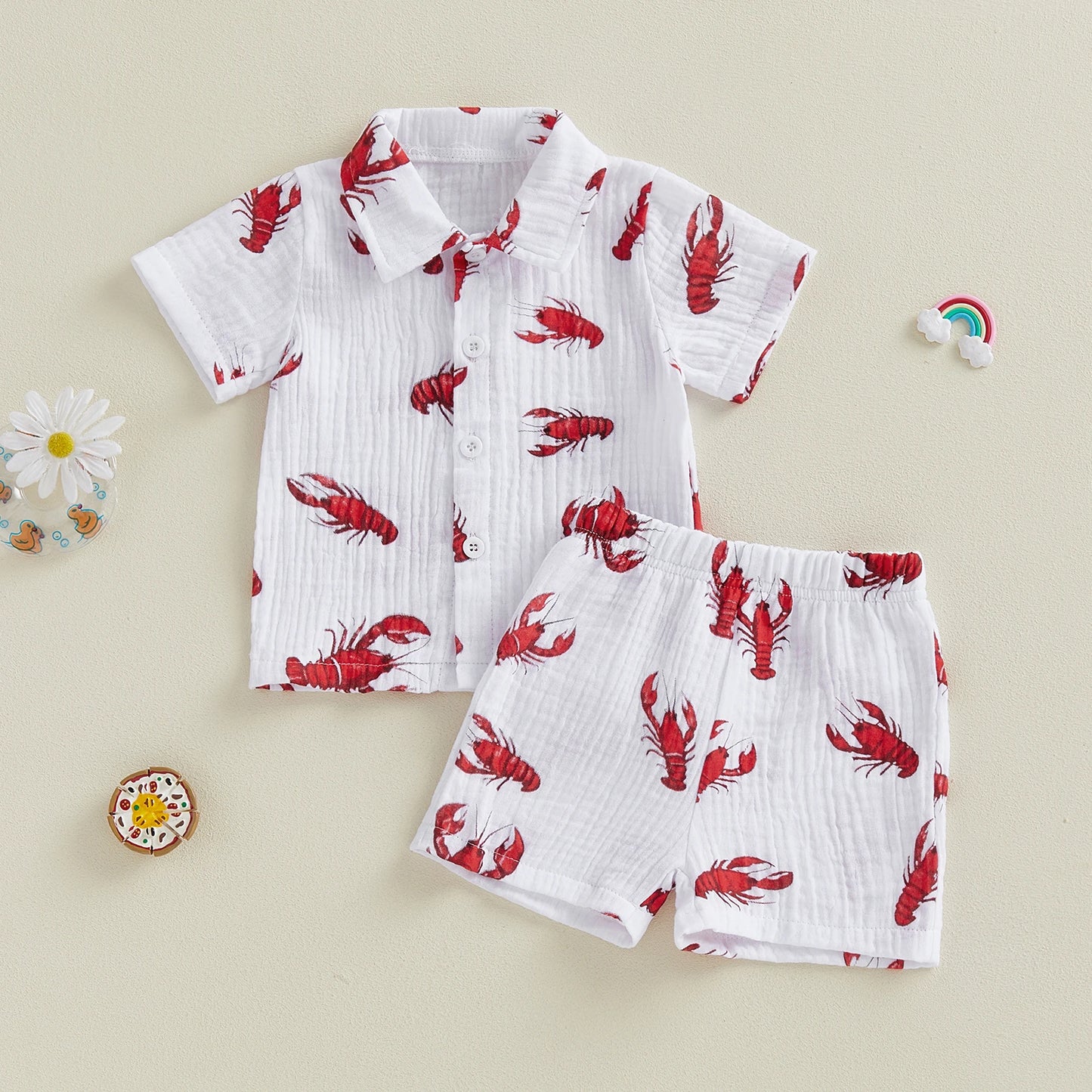 Baby Toddler Boys 2Pcs Set Dinosaur Bus Lobster Print Short Sleeve Button Up Shirt with Elastic Waist Shorts Set Summer Outfit