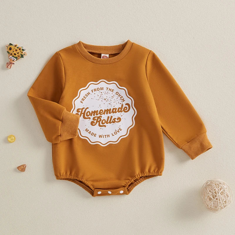 Baby Girls Boys Homemade Rolls Bubble Romper Thanksgiving Letter Print Long Sleeve Fall Bodysuit