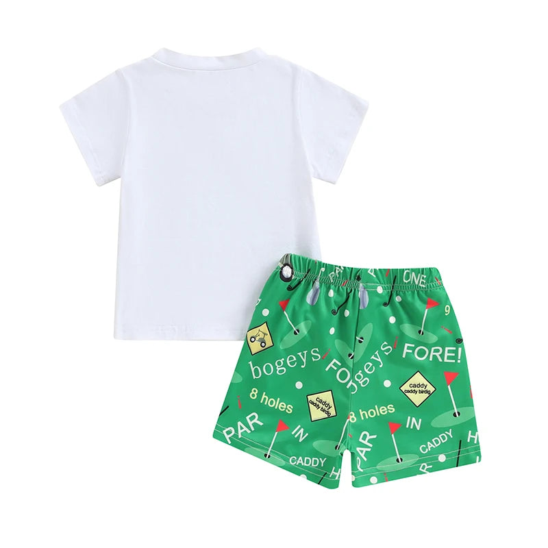 Baby Toddler Boys 2Pcs Daddy's Caddie Summer Outfit Letter Print Short Sleeve Top with Elastic Waist Golf Pattern Shorts Clothes Set