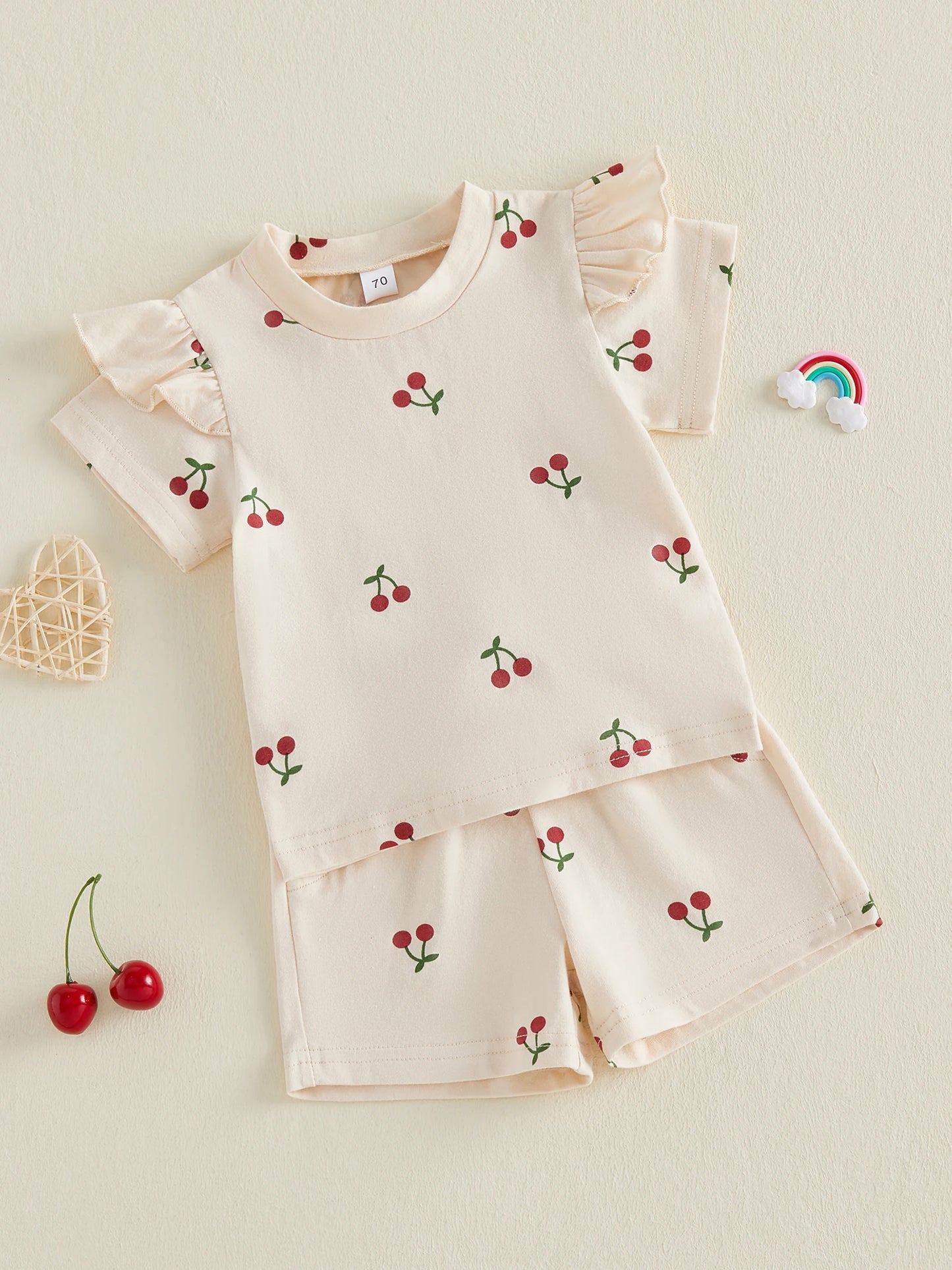 Baby Toddler Girls 2Pcs Summer Outfit Cherry Print Crew Neck Short Sleeve Top Elastic Waist Shorts Clothes Set