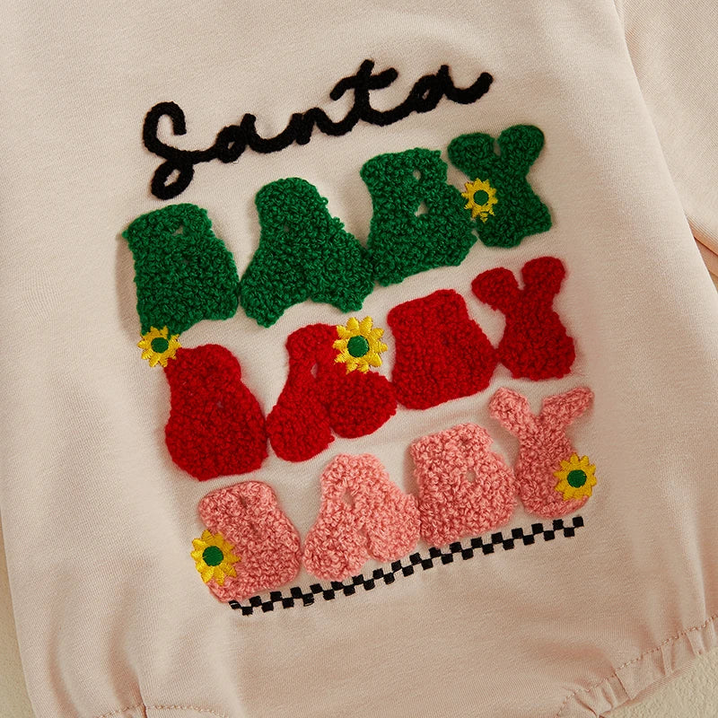 Baby Girls Boys Santa Baby Bubble Romper Christmas Letter Embroidered Long Sleeve Winter Jumpsuit