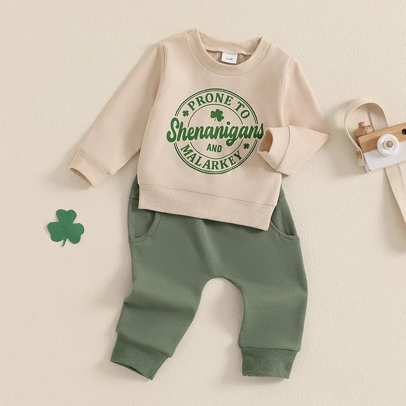 Baby Toddler Boys 2Pcs Prone To Shenanigans and Malarkey Clothes Set Long Sleeve O-Neck Letters Shamrock Print Top with Elastic Waist Jogger Pants Outfit