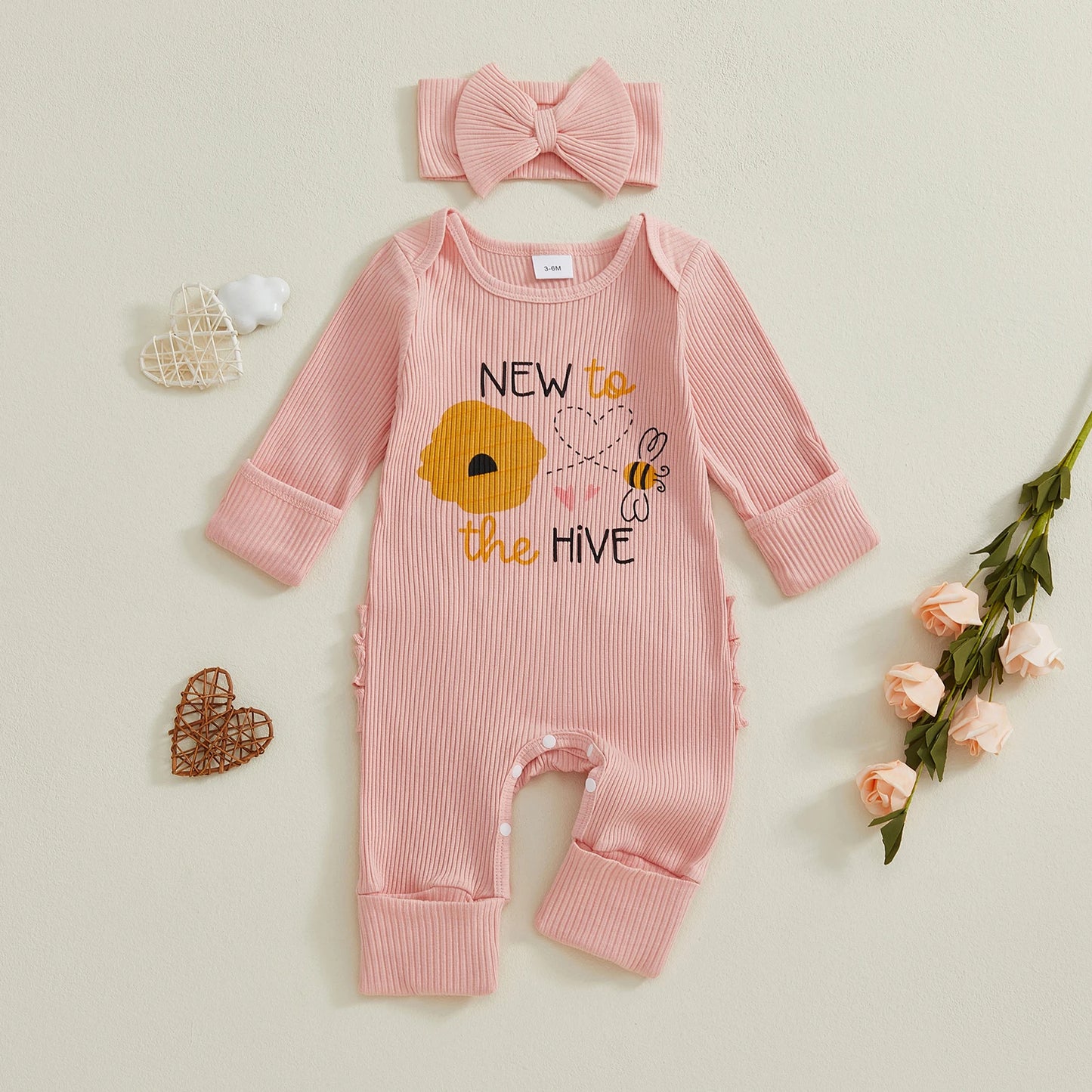Baby Girl 2Pcs Fall Outfit Golf Goose Bee Print New to the Hive / Club Long Sleeve Ribbed Romper with Bow Headband 2Piece Set