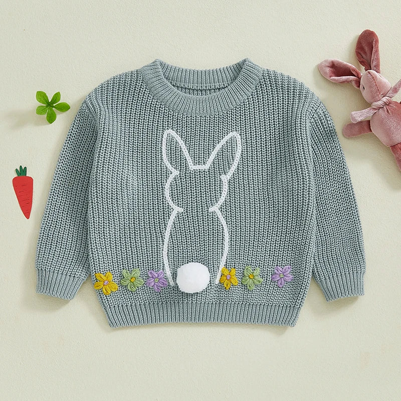 Baby Toddler Girls Sweater Easter Clothes Bunny Rabbit Flower Embroidery Crew Neck Long Sleeve Spring Pullover Top