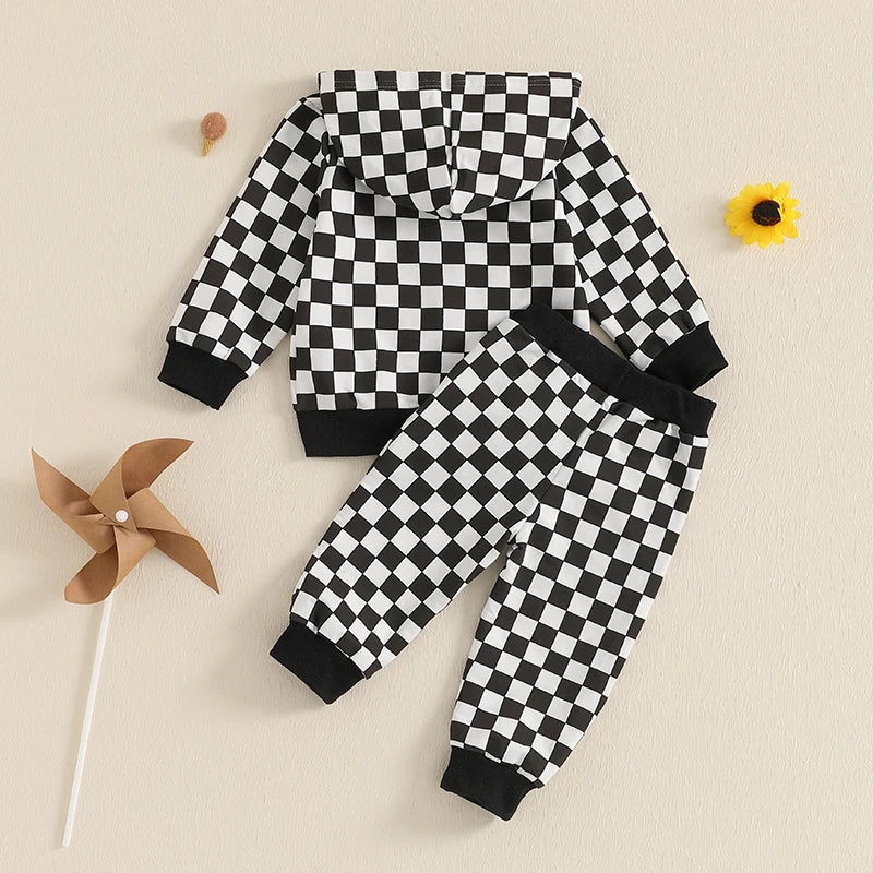 Baby Toddler Boy 2Pcs Checkered Outfit Long Sleeve Zip Up Hoodie Elastic Waist Pants with Pockets Jogger Set