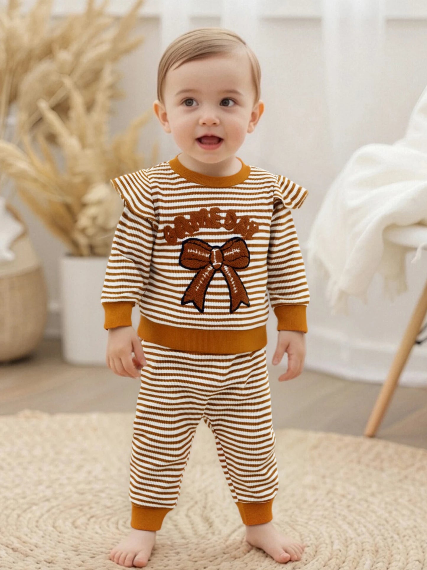 Baby Toddler Girls 2Pcs Game Day Fall Outfits Letter Bow Embroidered Striped Crew Neck Long Sleeve Top with Jogger Pants 2Pcs Set