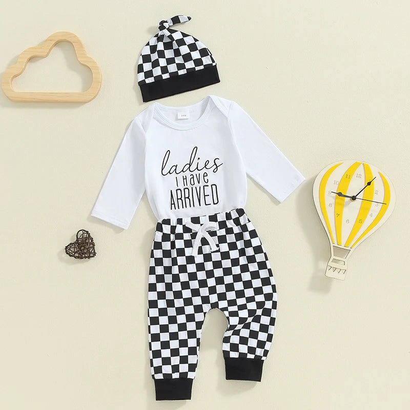 Baby Boy 3Pcs Fall Outfit New To The Crew / Hi I'm New Here / Ladies I Have Arrived Letter Print Long Sleeve Romper and Elastic Checker Pants Beanie Hat Set