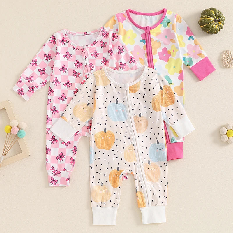 Baby Girls Jumpsuit Long Sleeve Crew Neck Flower Pumpkin Bow Print Zipper Romper