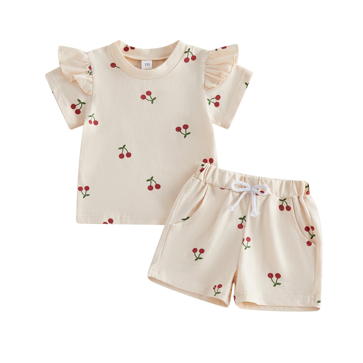 Baby Toddler Girls 2Pcs Summer Outfit Cherry Print Crew Neck Short Sleeve Top Elastic Waist Shorts Clothes Set