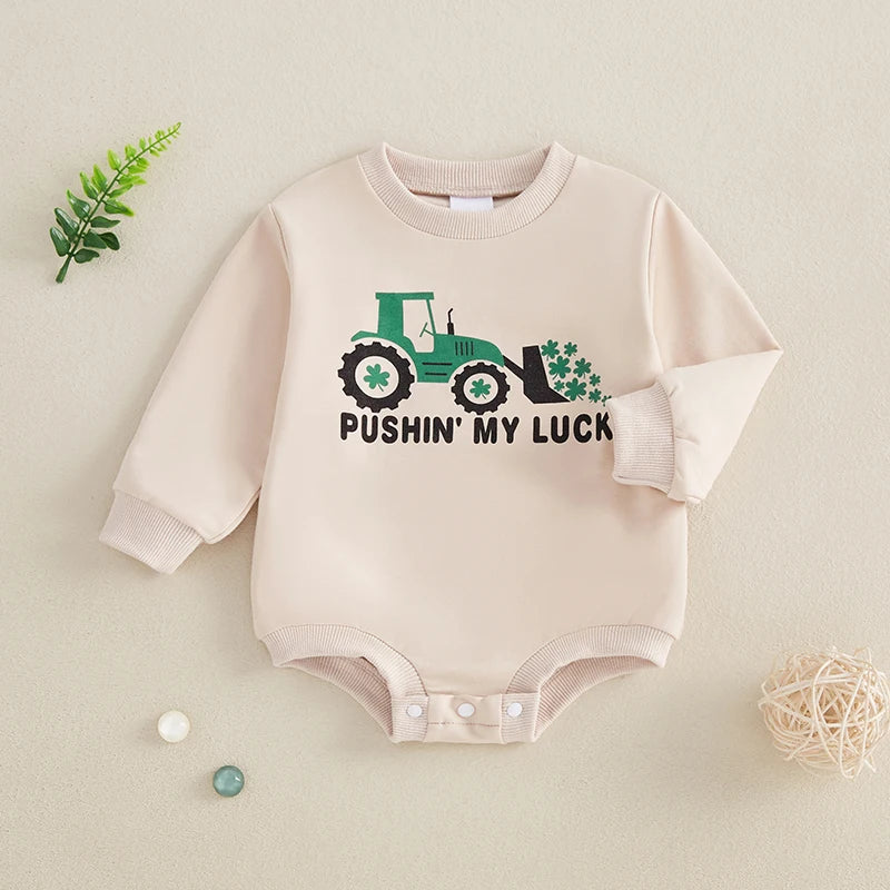 Baby Boys Pushin' My Luck Romper Letter Shamrock Tractor Print Long Sleeve Crew Neck Bubble Jumpsuit