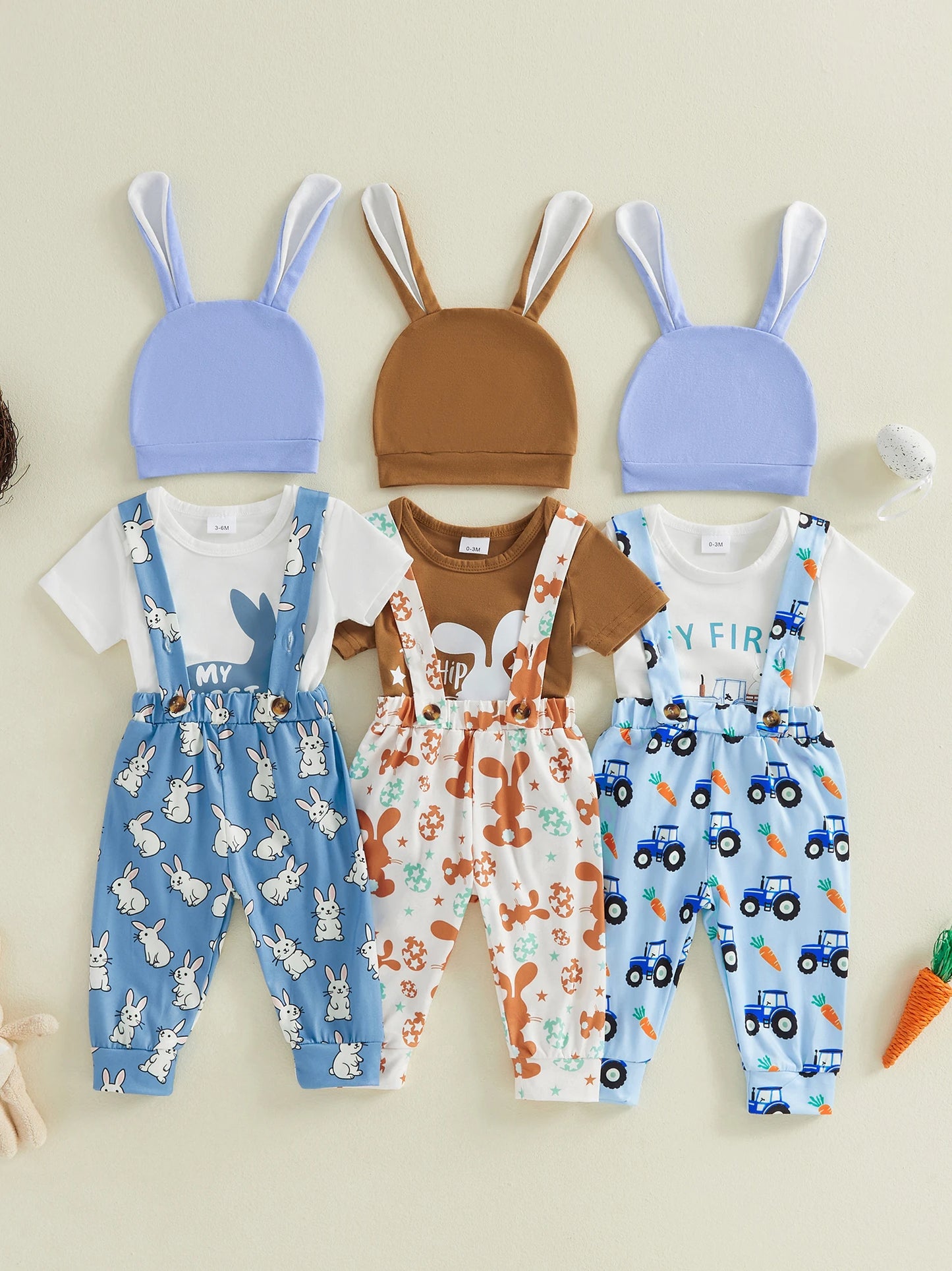 Baby Boy Girls 3Pcs Easter Outfits Cute Short Sleeve Round Neck Rabbit Letter My First Easter Print Jumpsuit Overalls and Hat Set