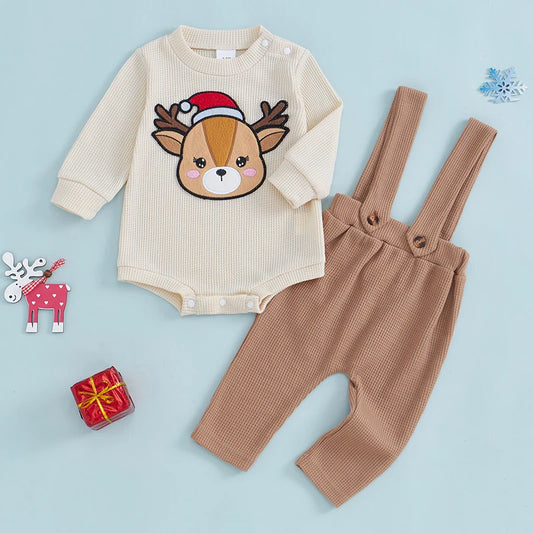 Baby Toddler Boys Girls 2Pcs Christmas Outfit Deer Embroidery Crew Neck Long Sleeve Rompers Suspender Overalls Pants Set