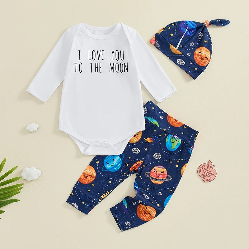 Baby Boys Girls 3Pcs Outfit I Love You To The Moon Long Sleeve Letter Print Romper Planets Print Pants Hat Set